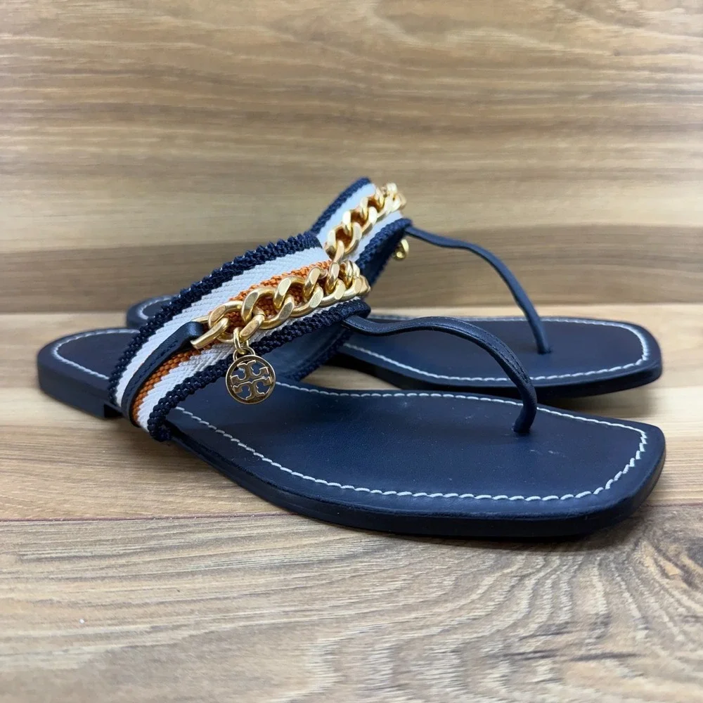 Tory Burch Benton Chain Flip Flops Womens 7 M Navy Blue Leather Gold Hardware